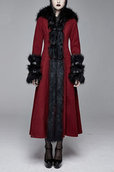 Red Gothic Party Woolen Hooded Sexy Women Long Coat